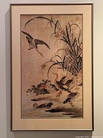 Framed ink and wash painting with geese and reeds, full view