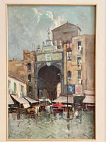 Full view of framed Italian street scene oil painting