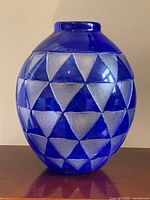 Front view of cobalt blue geometric patterned vase