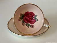 Teacup displayed on saucer showing interior rose and gold trim