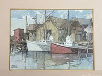 Full view of matted watercolour showing harbour scene and signature