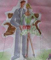 close-up of bench scene showing illustration style and fabric texture