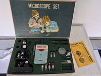 Complete open set displaying microscope, accessories, box lid art