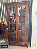 Full view of wood display cabinet with glass doors