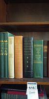 Row of hardcover books including Shakespeare, Cassell’s German Dictionary and Poe