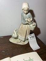 Front view of figurine showing girl, basket with ducklings, goose, height scale