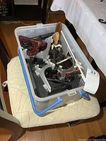 Tote with various plate stands visible