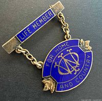 Front view showing LIFE MEMBER bar, chains, enamel oval drop with FOR HOME AND COUNTRY text and monogram