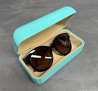 Sunglasses inside open turquoise case