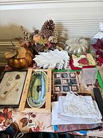 Overall view showing pumpkins, leaf platter, oval platter, zen garden, marble tic-tac-toe, vase and linens