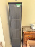 Full view of tall black cabinet next to dresser