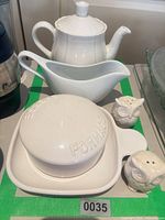 All items: teapot, gravy boat, cheese tray with lid, owl shakers