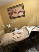 Massage table with faux shearling cover, heat pad and towel accessories displayed