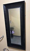 Full view of rectangular mirror with black textured frame