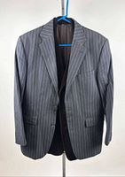 Front view of pinstripe blazer on hanger