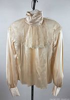 Full rear view showing lace yoke, high neck and silk fabric