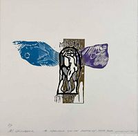Full view of signed Maty Grünberg colour woodcut print on paper