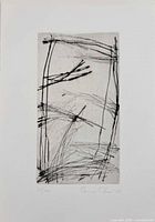 Full view of etching showing abstract lines, signature and edition