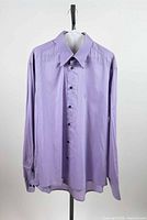Front view of lavender Versace button down shirt showing collar, buttons, chest logo