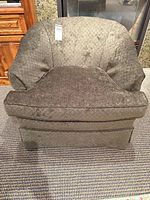 front view of upholstered chair showing fabric pattern, cushion, and skirt