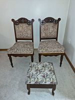 Pair of Victorian parlor chairs and floral tapestry footstool