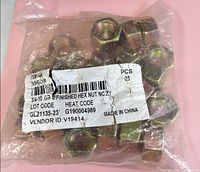 Front of sealed bag showing label with specifications and quantity