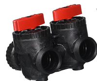 Front view of bypass assembly showing dual valves and red handles
