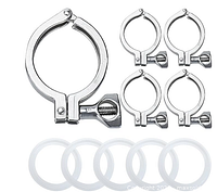 Stock image showing five stainless steel tri clamps and five silicone gaskets