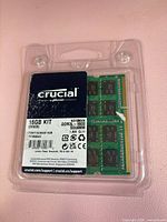 Front of sealed Crucial 16GB kit packaging showing product details and modules