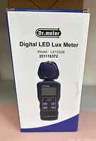 Front of retail box showing Dr.meter LX1332B digital LED lux meter