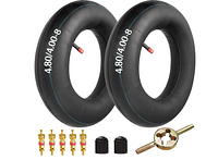 Stock photo showing 2 inner tubes, 4 valve cores, 2 valve caps, valve tool