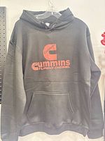 Full front view of black Cummins Turbo Diesel hoodie with pocket and logo