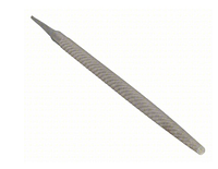 Close-up of a single round file showing tapered profile and single-cut teeth