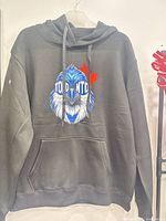 Front view of dark grey hoodie displaying blue bird graphic and pocket