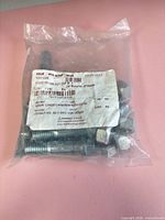Sealed bag showing bolts, nuts and product label