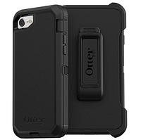 Marketing image showing black OtterBox Defender Series case front, back, and holster