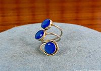 Front view of sterling silver spiral wrap ring with three blue stones