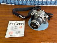 Camera with lens, strap and manual on table