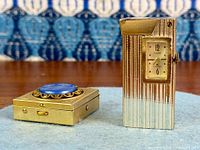 Front view of watch lighter and pocket ashtray