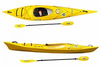Top and side profile views of yellow Muskoka kayak with paddle displayed