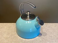 Front view of turquoise enamel whistling tea kettle with stainless steel accents