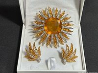 Brooch and earrings displayed in fitted box