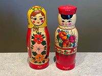 Front view of both hand-painted matryoshka salt and pepper shakers