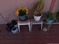 Full view of plants, pots, plastic stools, metal stand, stone