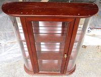 Front angled view of cabinet showing curved glass sides, glass door, wood shelves