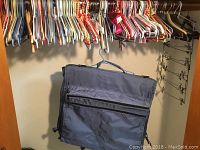 Wide view of assorted plastic and wooden hangers hung on a closet rod, and a gray garment bag hanging below.