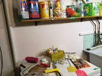 Photo of shelf and surface with various cleaning products including Finish detergent, assorted bottles and cleaning brushes