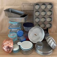 Group shot of entire assorted bakeware and storage containers