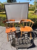 Projection screen, two wooden chairs, fireplace grate group shot