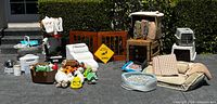 Full lot showing beds, crates, gate, toys, bowls and accessories